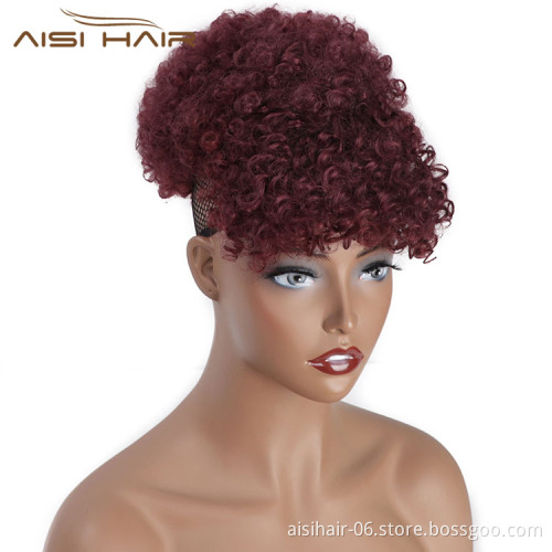 Aisi Hair New Design Kinky Curly Puff Red Color Hair Bun With Bangs Afro Short Curly Synthetic Hair Extension For Black Women